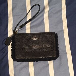 Coach Black Leather Shearling-Trim Wristlet